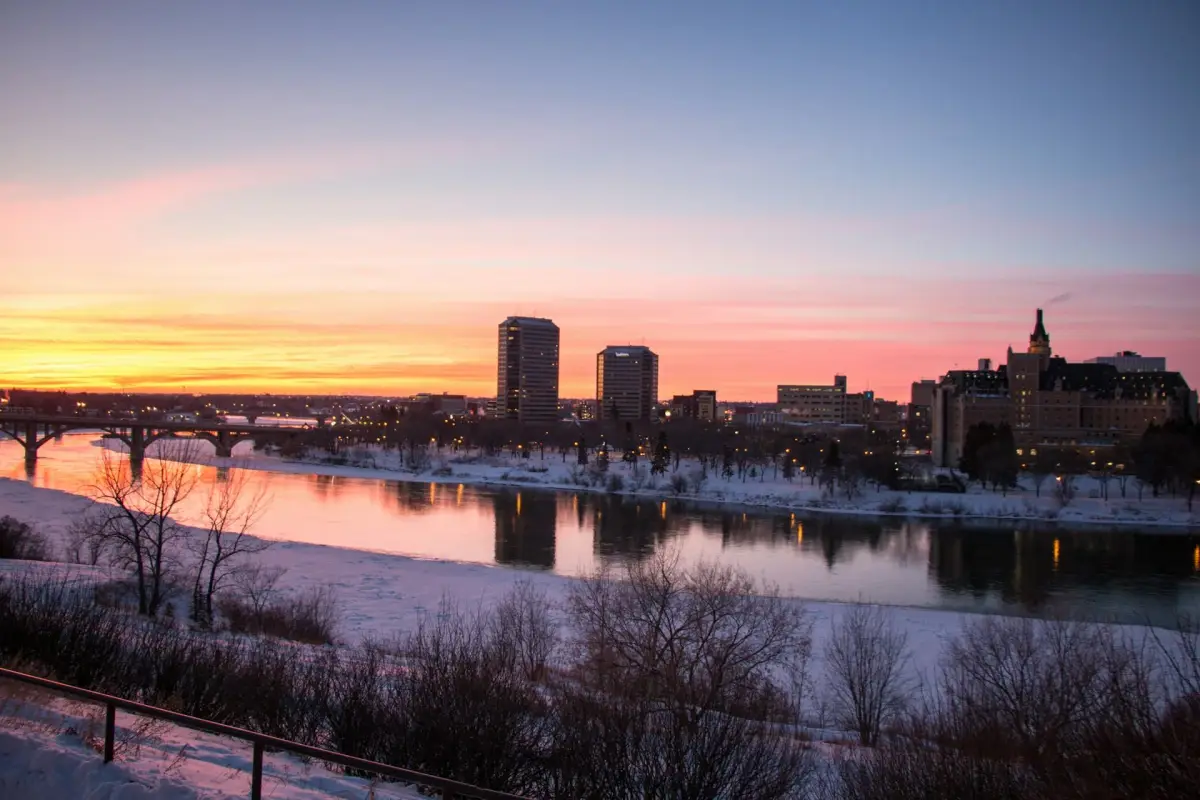 Sunset over the South Saskatchewan River and downtown Saskatoon